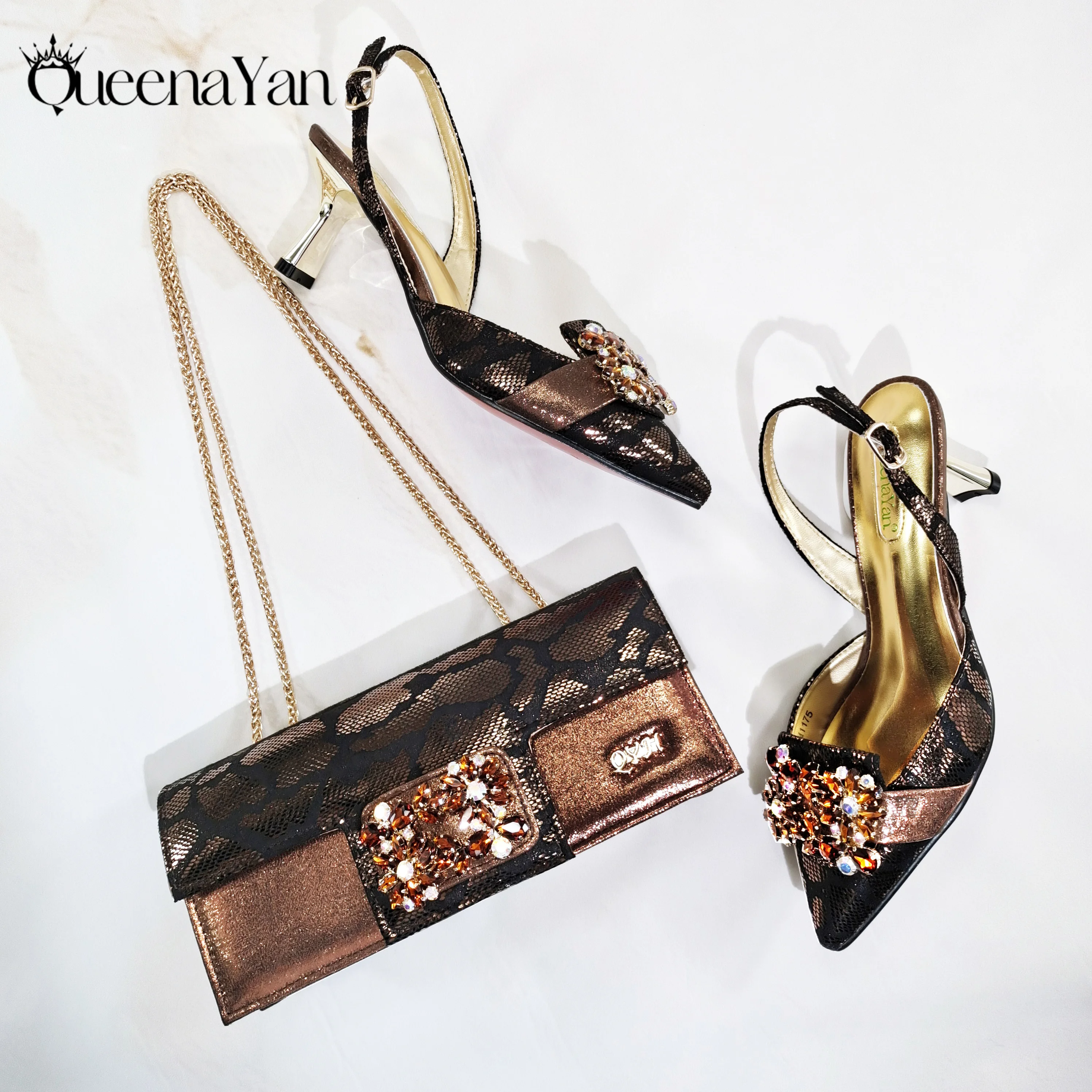 

Queena Yan Elegant Mature Brown Color Style Rhinestone and Print Design Party Wedding Pointed Toe Lady Shoes and Bag Set