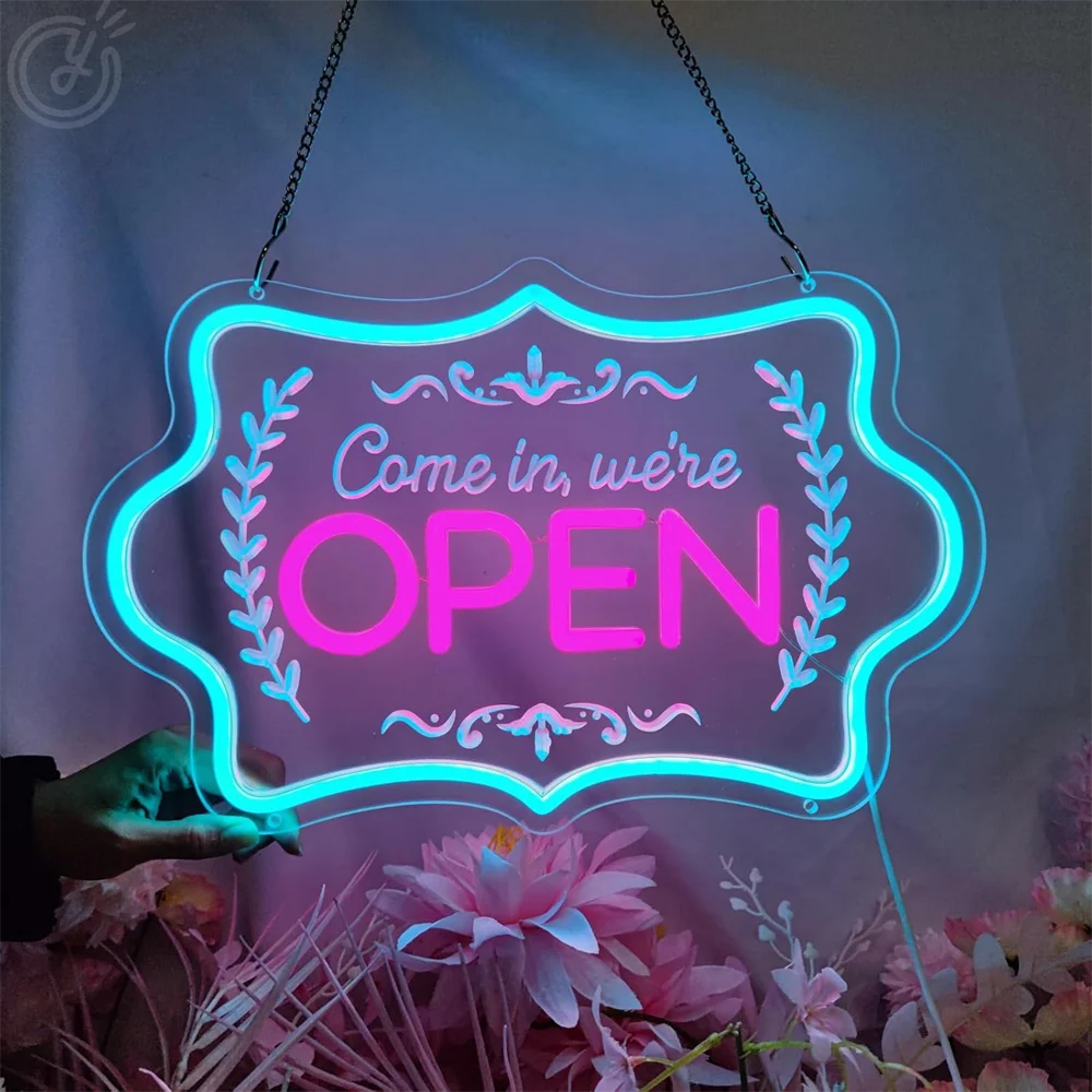 Letrero de neón LED abierto, decoración de pared USB para escaparate de negocios, ventana, puerta de vidrio, floristas, Bar, salón, estudio, cafeterías, restaurante, neón