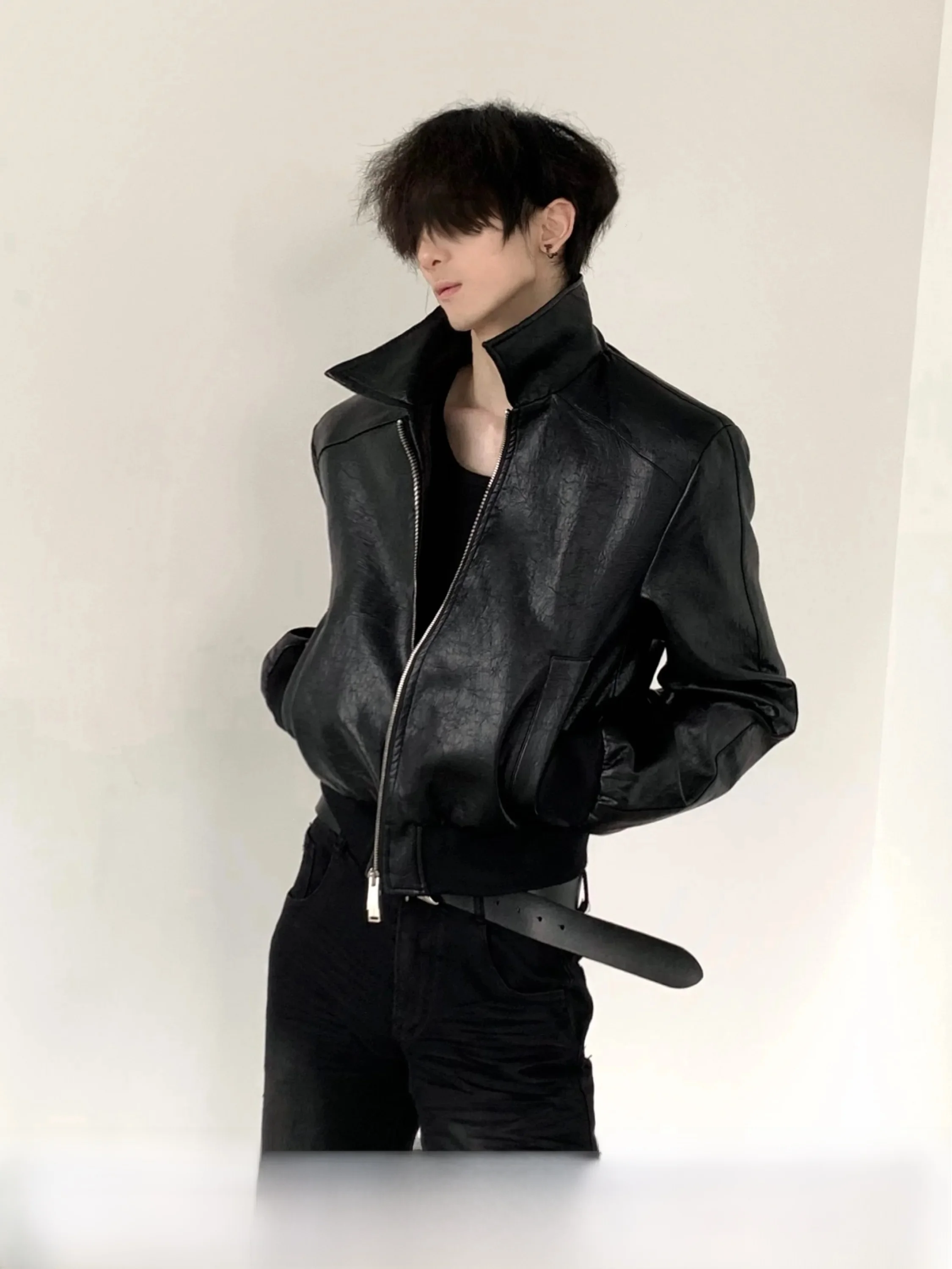 Dark Street Texture Short Slim Fit Leather Jacket Men's High-End Pad Shoulder Biker Jacket Windproof Anti-Wrinkle Cotton Blend
