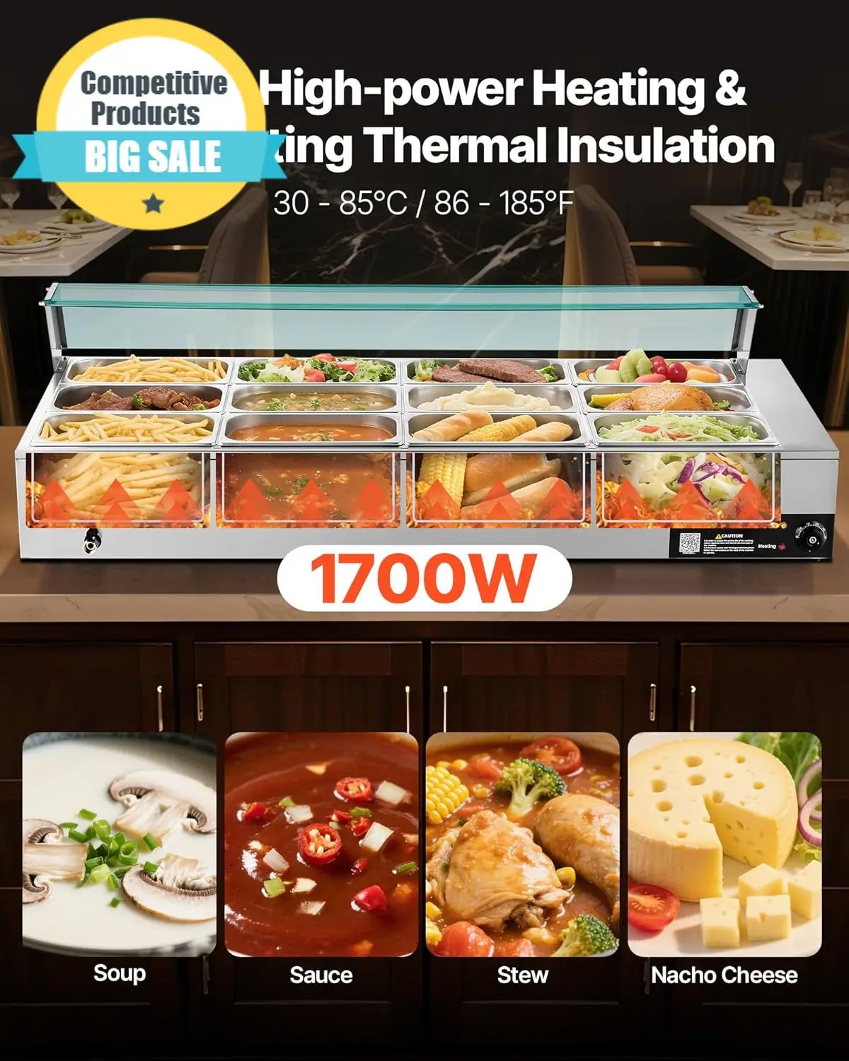 

Substantial Commercial Food Warmer 1700W Electric Stainless Steel Steam Food Warmer With Glass Cover 12 Pan Countertop Buffet Ba