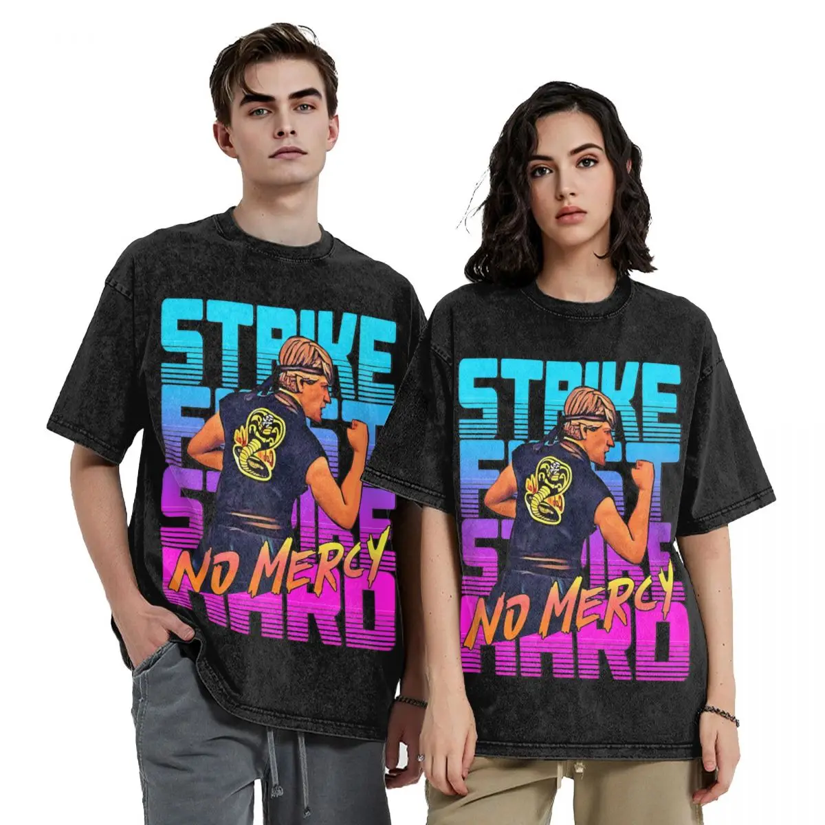 Men Women Cobra Kai Strike Hard No Mercy Shirt Graphic Printed Casual T-Shirt Cotton