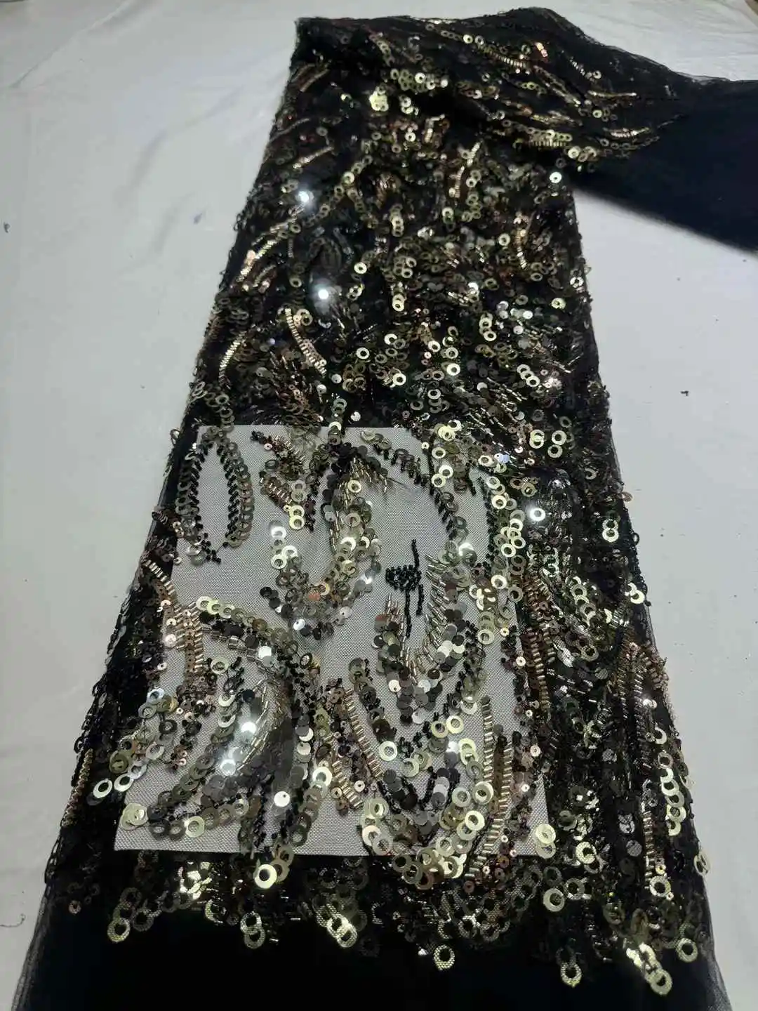 

Black African French beads Net Lace Fabric High Quality 2025 Nigerian Sequins Tulle Mesh Lace Fabric For Sew Wedding Dress CD
