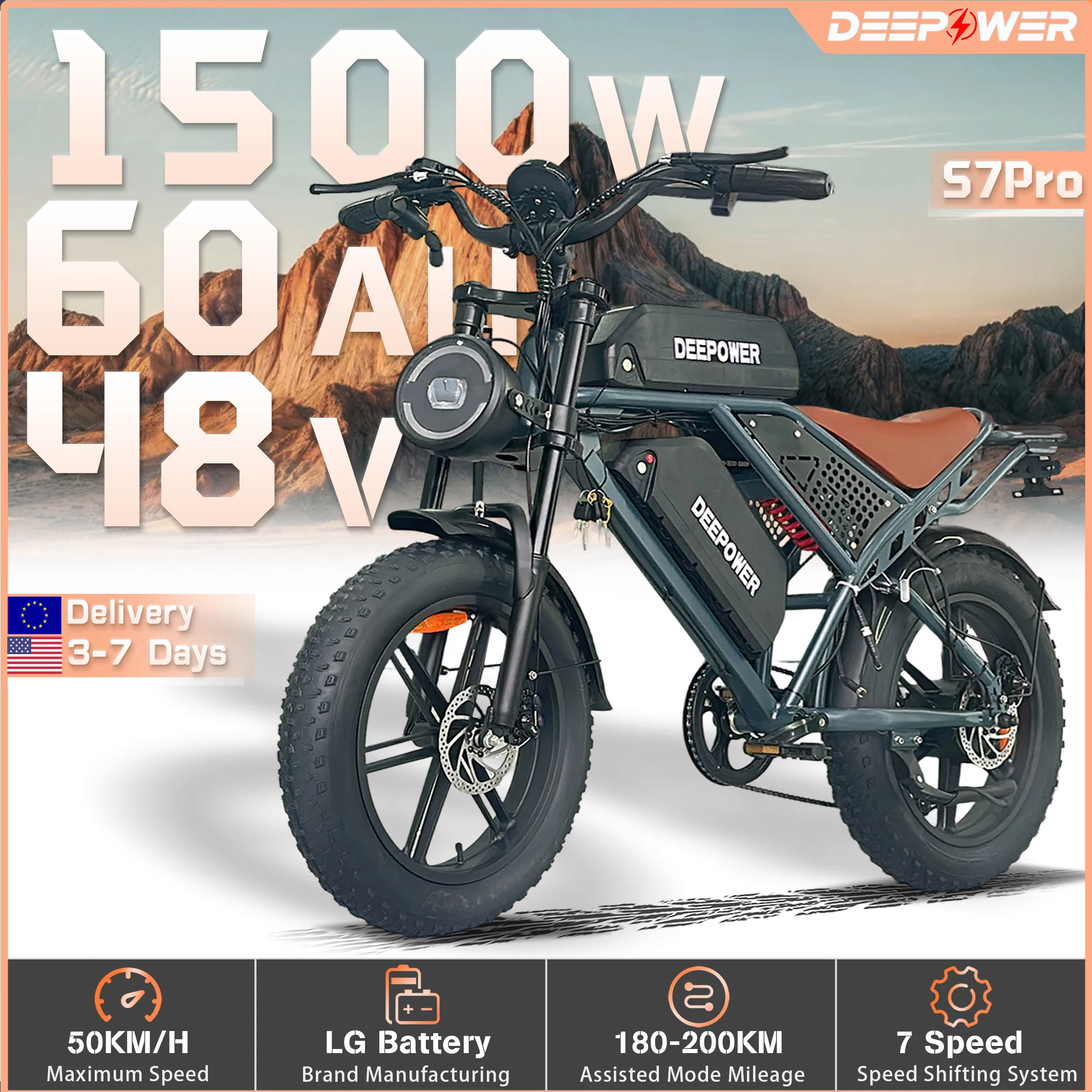 Bicicleta eléctrica todoterreno DEEPOWER S7Pro para Motor de 1500W, batería LG de 48V y 60AH con motocicleta todoterreno de montaña para adultos