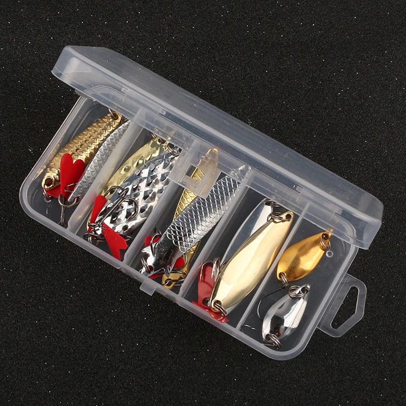 10Pcs Fishing Metal Spoon Lure Kit Set Gold Silver Baits Sequins Spinner Lures with Box Treble Hooks Fishing Tackle Gear