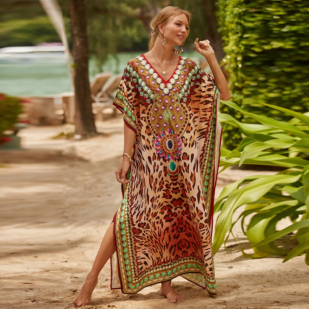 Women's Kaftan Dresses, Colorful Print Mrs Roper Caftan, Bathing Suit Cover Ups Beach Dresses