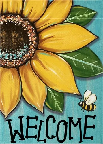 Welcome Spring Summer Sunflower Decorative Garden Flag, Floral Bumble Bee Blu... OOV IIC