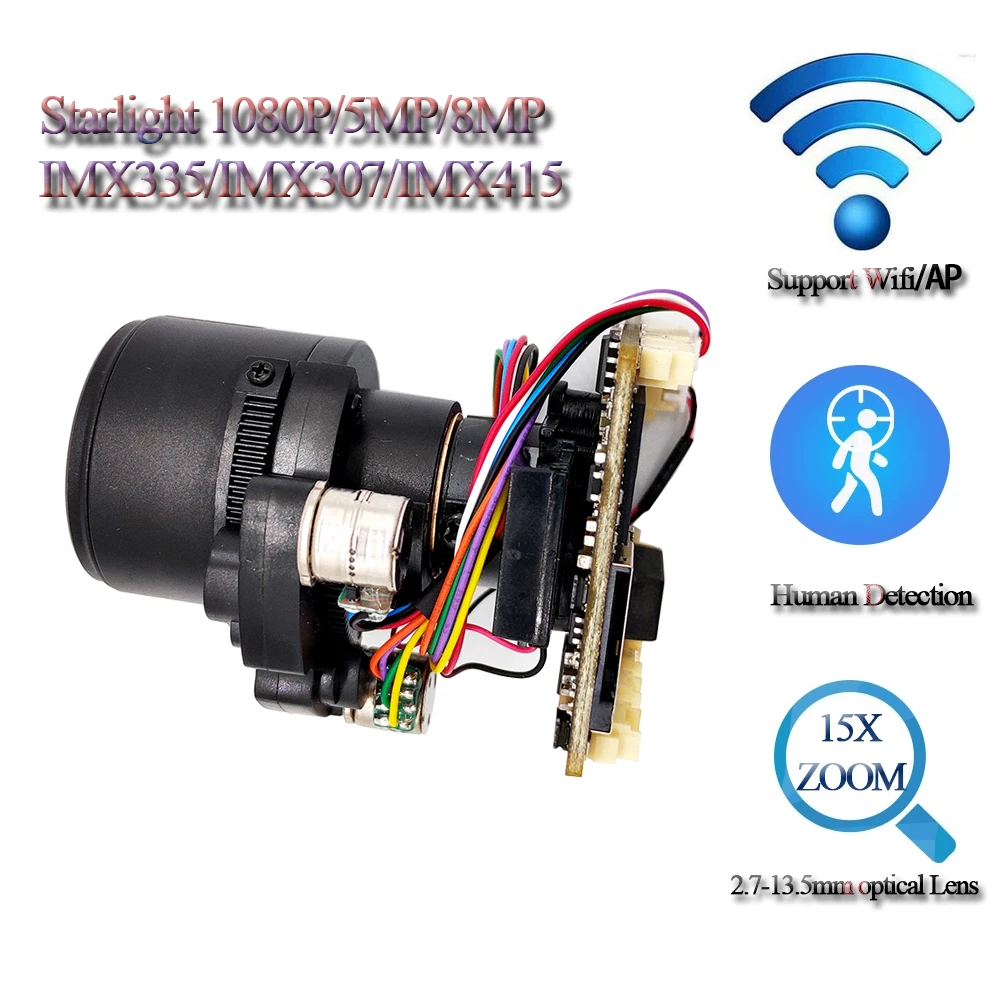 1080P/5MP/8MP Starlight PTZ WiFi IP Camera Module H.265, 5X Zoom Lens (2.7-13.5mm), RTSP, TF Card, Audio, Wireless CCTV Upgrade