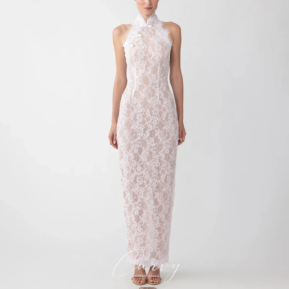 Curvy Chic Soft Wedding Dresses Halter High Neck All Over Floral Lace Deep V Open Back High Slit Bridal Dresses for Women 2026