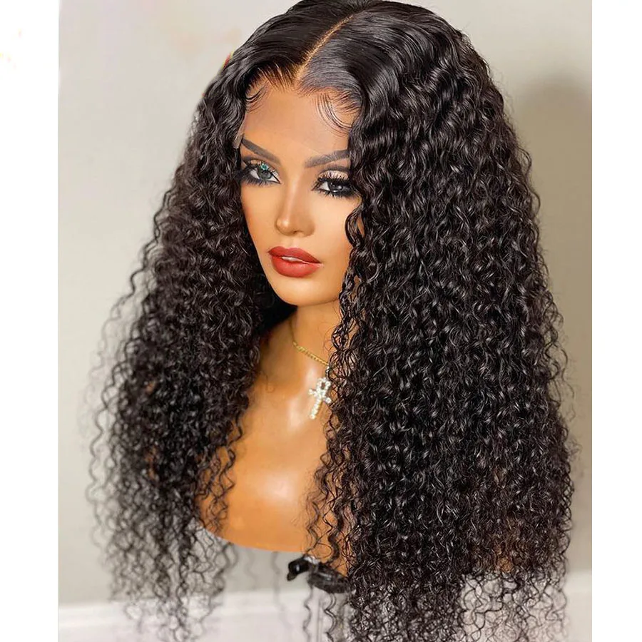 Soft Natural Black Long Glueless Kinky Curly 180Density 26Inch Deep Lace Front Wig For Women With Baby Hair Preplucked Daily