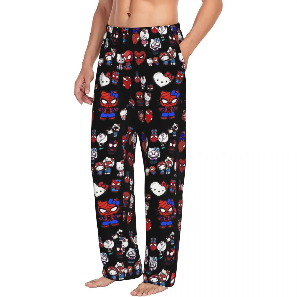 Custom Men Hello Kitty Spider-man Pattern Pajama Pants Printed Kawaii Classical Sleep Sleepwear Bottoms with Pockets