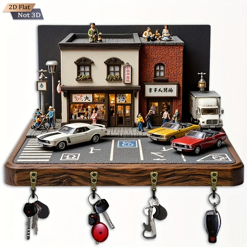 2D Flat. 1pc. Retro Street Scene Theme Key Hook - Multi-Functional Decorative Key Holder with Four Metal Hooks, Wall