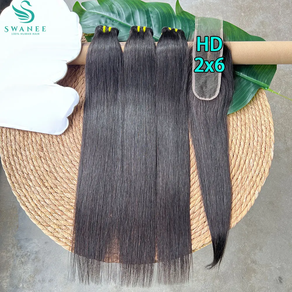 

Прямые пучки человеческих волос Bone с глубокой средней частью 2x6, HD кружевная застежка, 12А, пучки необработанных волос с застежками