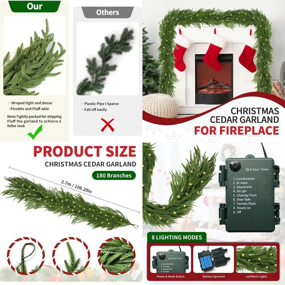 

Искусственные кедровые гирлянды с подсветкой, реалистичная зелень для рождественского мантии, стола, стены, украшения для дома или улицы