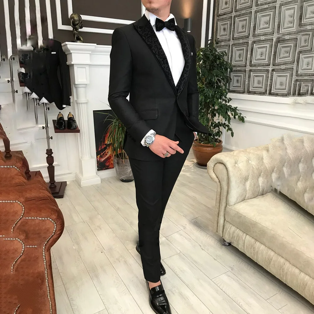 

Fashion Jacquard Suits For Men Tuxedos Set Business Blazer Formal Slim Fit 3 Piece Jacket Vest PantsGroom Wedding Peak Laple