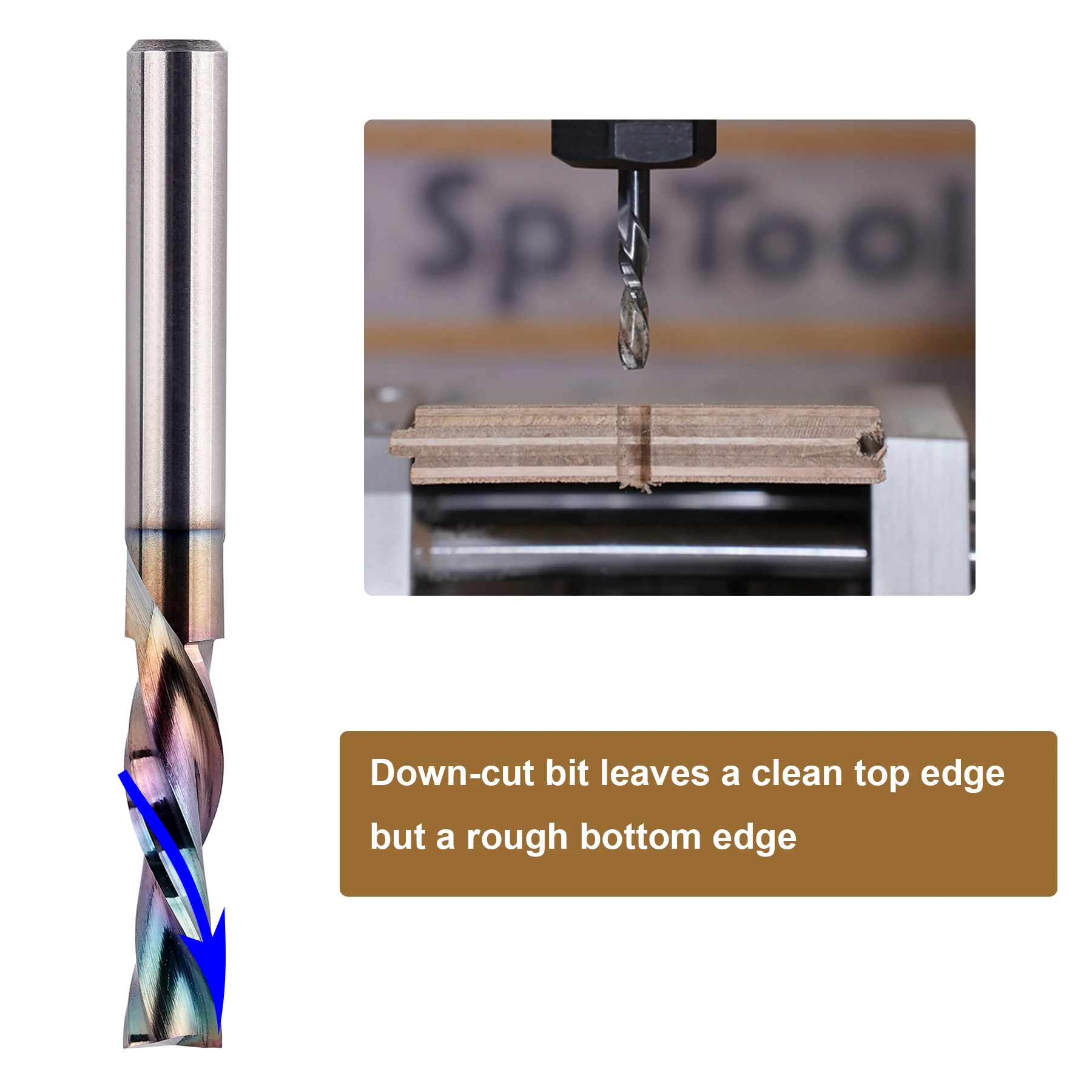 SpeTool 1pc TAC Coated Downcut Spiral CNC Router Bits 1/4 1/2 Inch Shank Solid Carbide CNC End Mill for Wood Engraving Carving