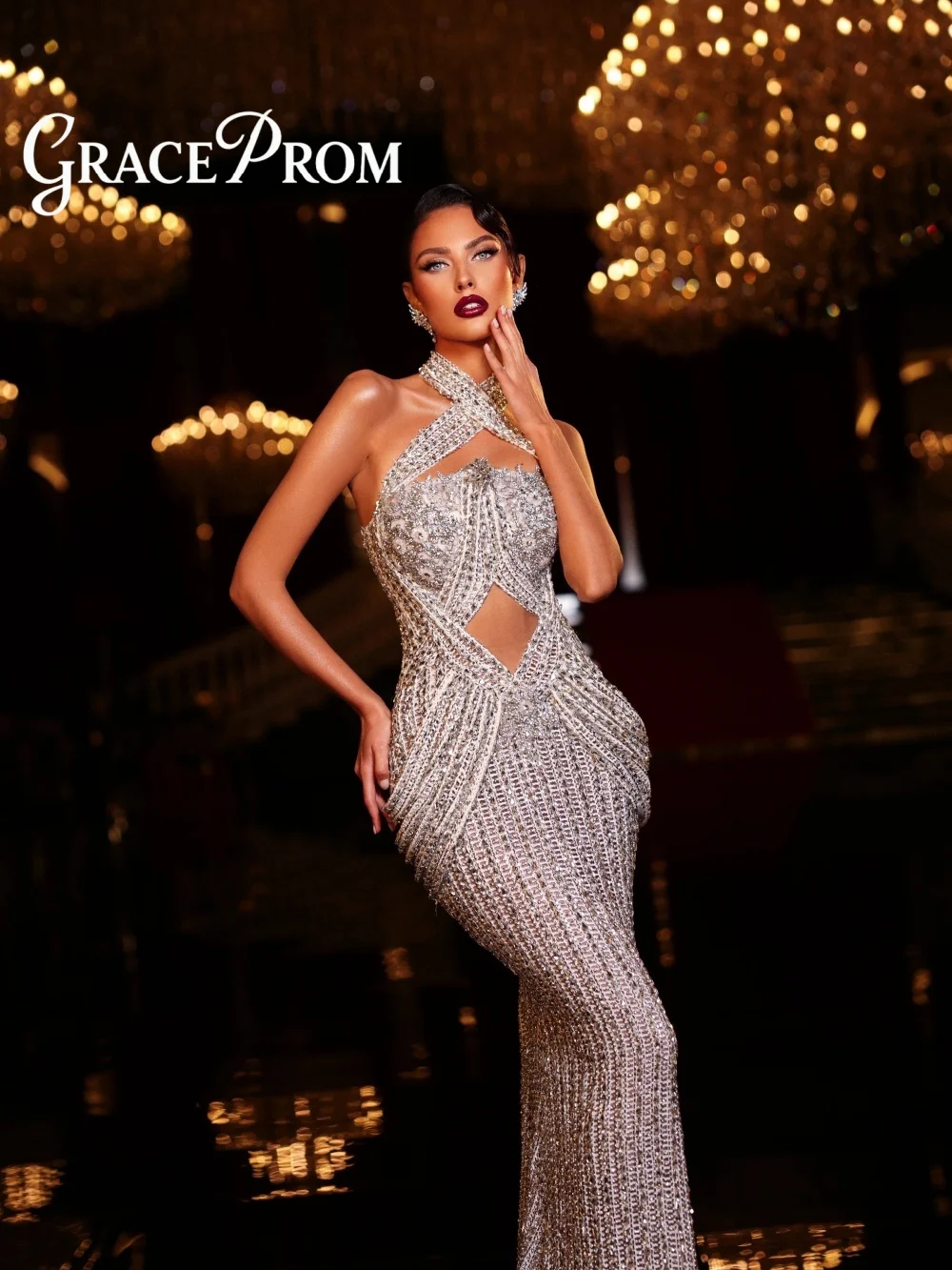 

GraceProm Luxurious Mermaid Evening Dress 2026 Midriff Cutout Carpet Gown Trendy A-Line Floor-Length Party Gown robes de soirée