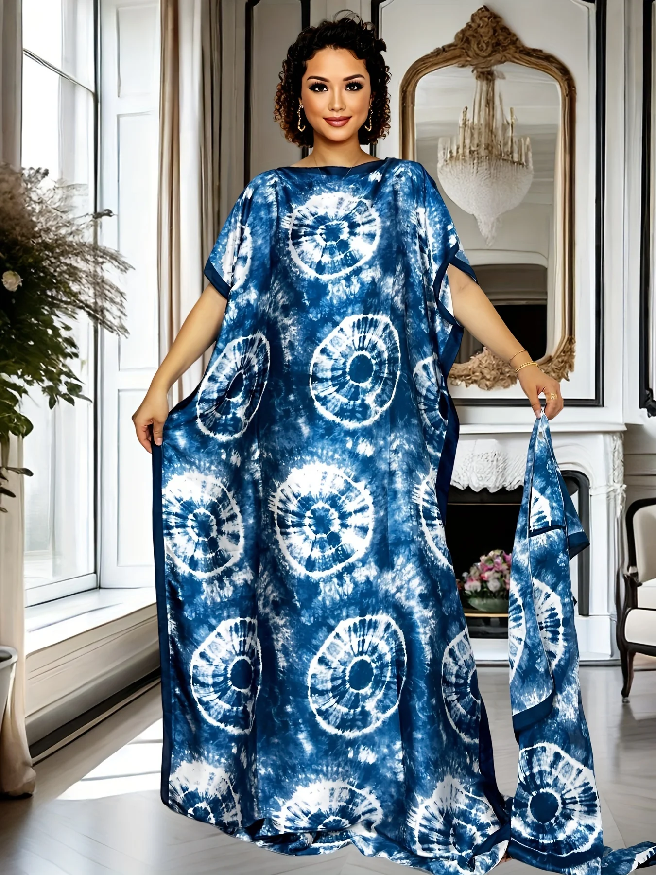 African Women Tie‑Dye Print Satin Kaftan Loose Short Sleeve Long Maxi Robe Elegant Party Abaya with Matching Headscarf