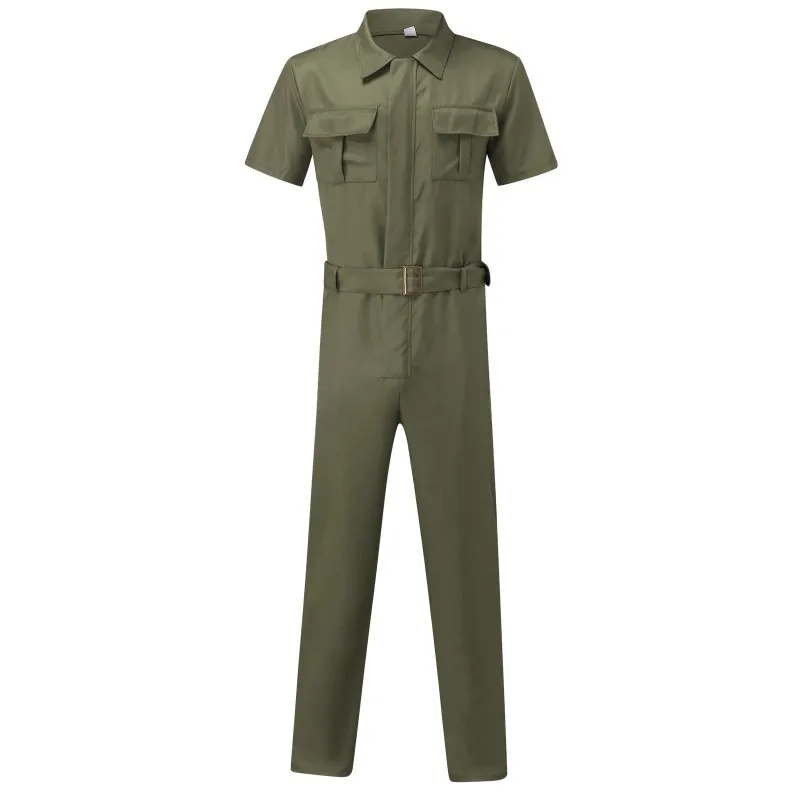 Men's Overalls Casual Streetwear Pocket Solid Color Short Sleeve+Trousers Jumpsuit Fashion Leisure Basic Work Cargos Pants
