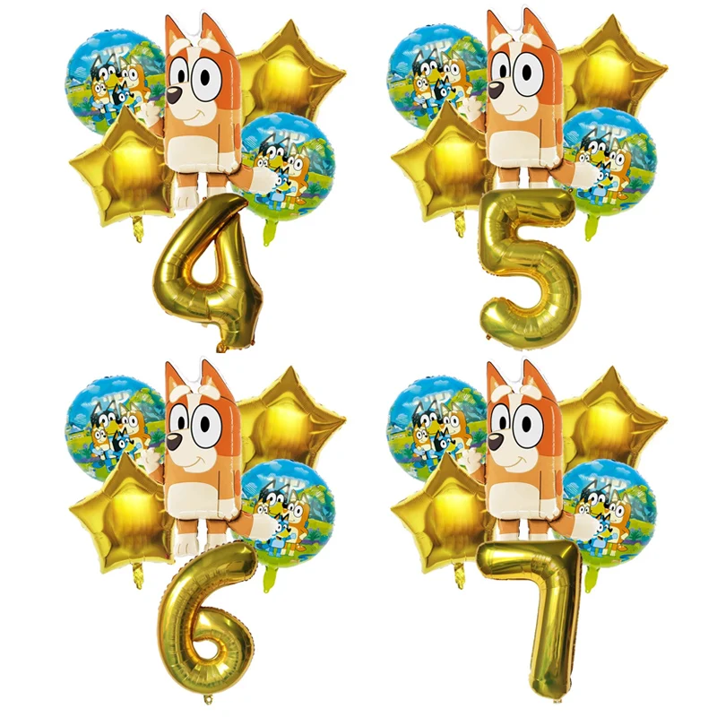 6pcs Blueys Bingo Birthday Decorative Ballons Set Cute Cartoon Aluminum Foil Balloon Number Balloons Party Decoration Props Gift