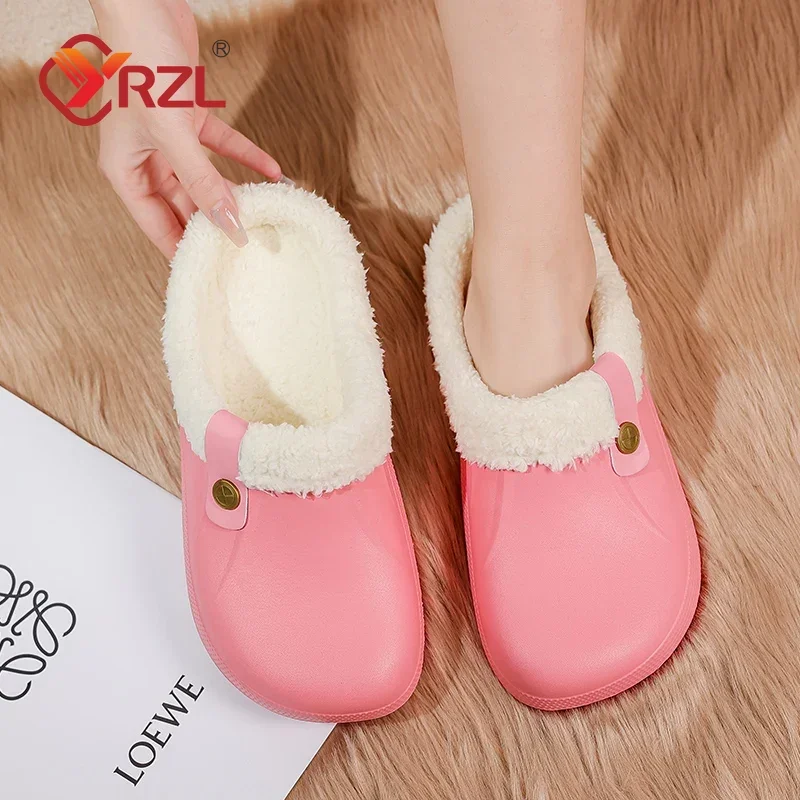 YRZL Men Women Slippers Waterproof EVA Warm Furry Wrapped Slippers Indoor Home Cotton Shoes Fur Slides Plush Winter Slippers