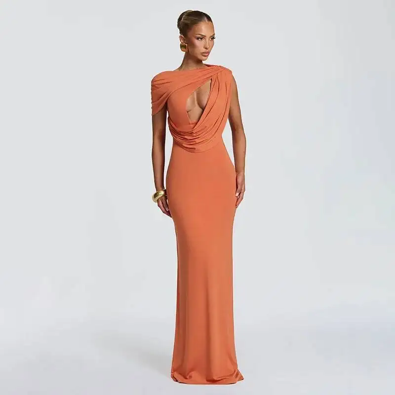 Robe longue plissée évidée asymétrique sans manches sexy pour femme Avrilyaan – Robe de soirée élégante dos nu pour l'été 2026