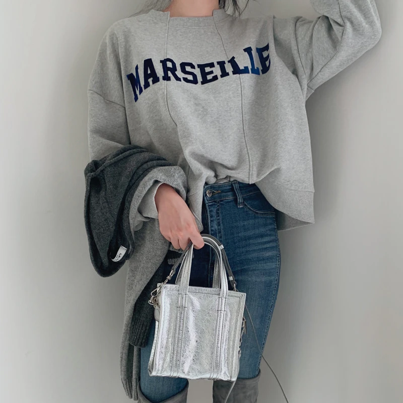 Women Korean Kawaii Patchwork Chic Short Sweatshirts Tops Casual Loose Vintage Letter Print Round Neck Pullover Female Kpop