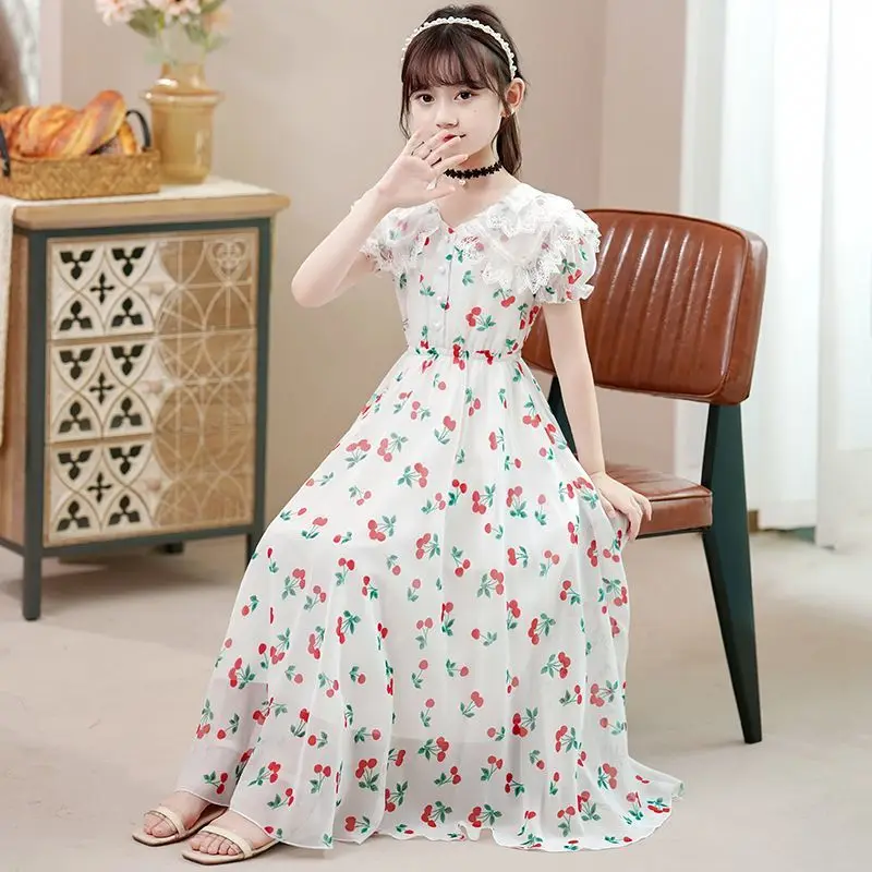 girl-cherry-print-maxi-dress-lace-peter-pan-collar-short-puff-sleeve-chiffon-sundress-casual-fashion-summer-a-line-dress-for-kid