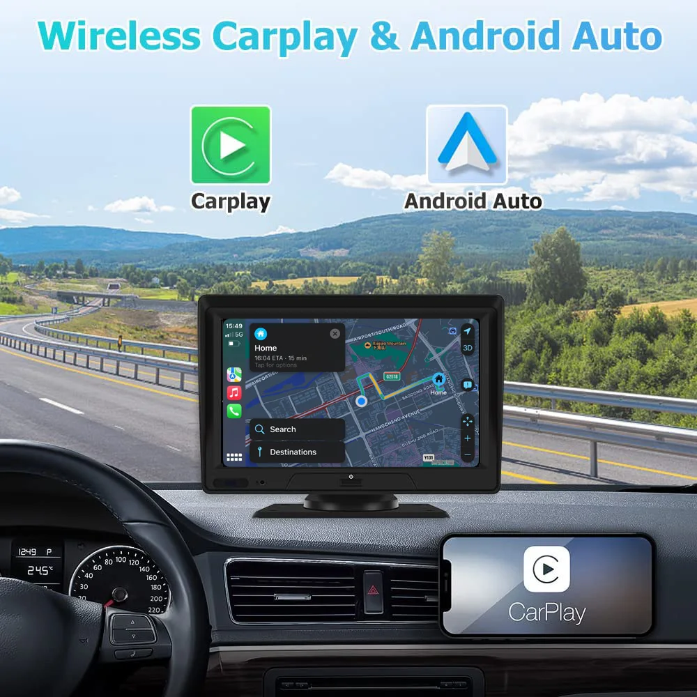 Karadar portátil carplay android auto 7 Polegada gps navegação display de áudio vídeo frente câmeras backup bluetooth wifi fm tmc