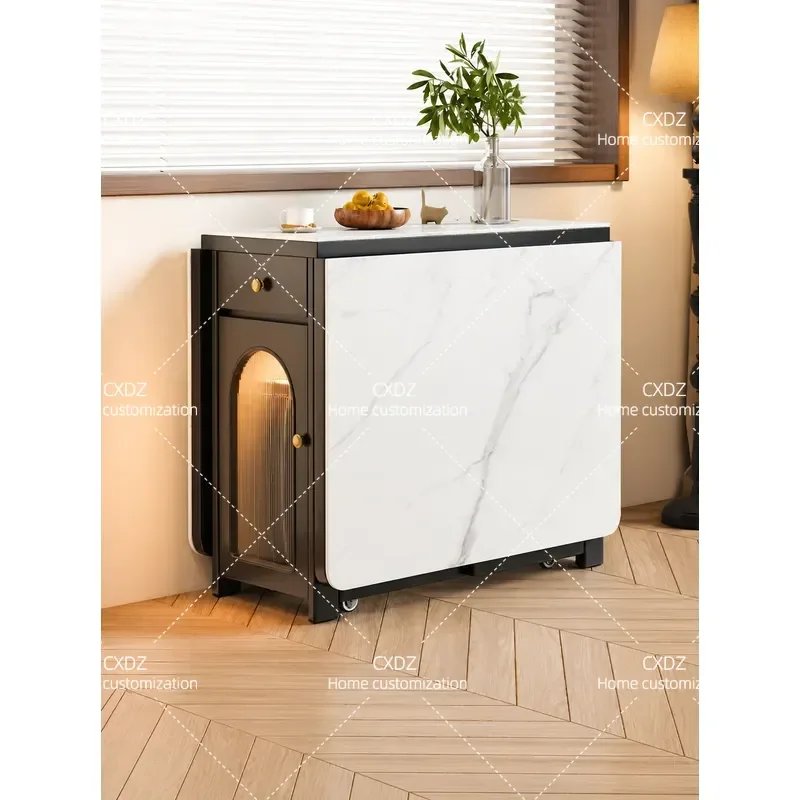 French Retro Solid Wood Rock Slab Folding Dining Table Small Apartment Movable Multi Functional Household Furniture