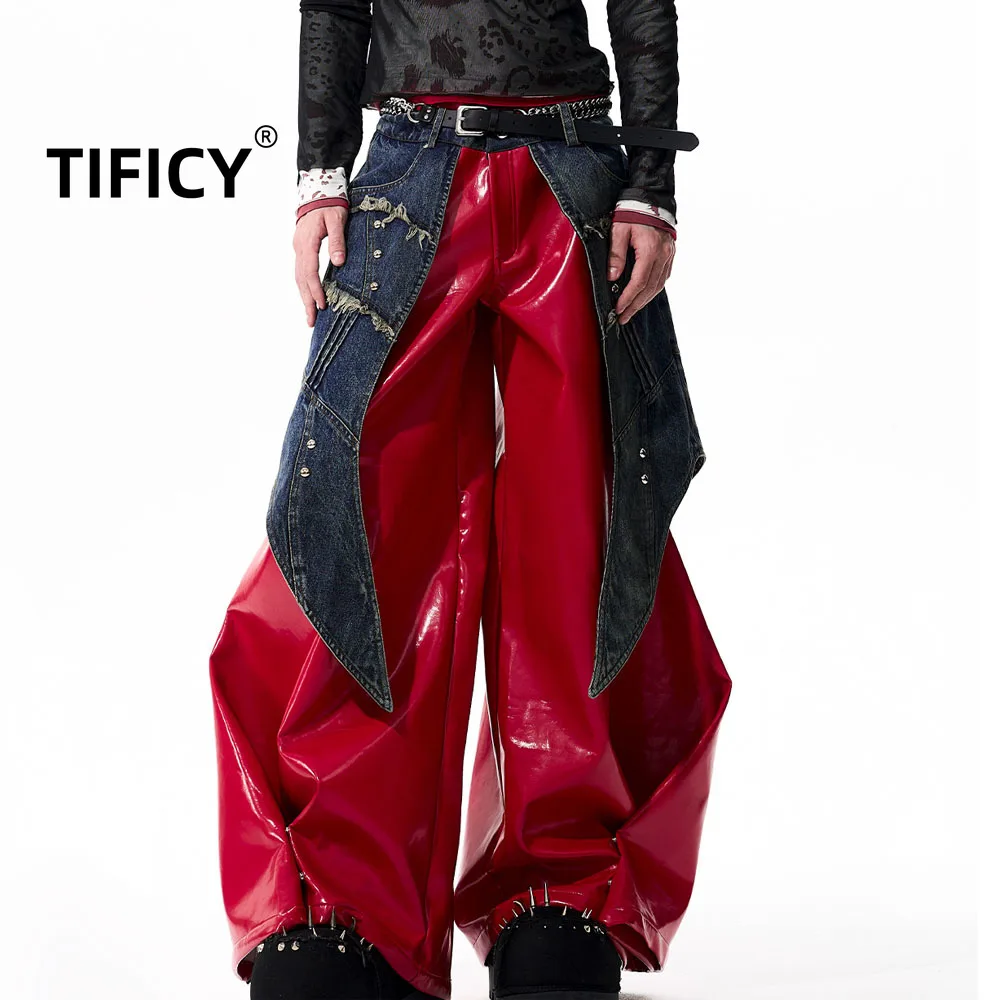 

High Street Повседневные брюки Ковбойские лоскутные красные кожаные брюки Мужчины осенью с двойной талией и широкими брюками