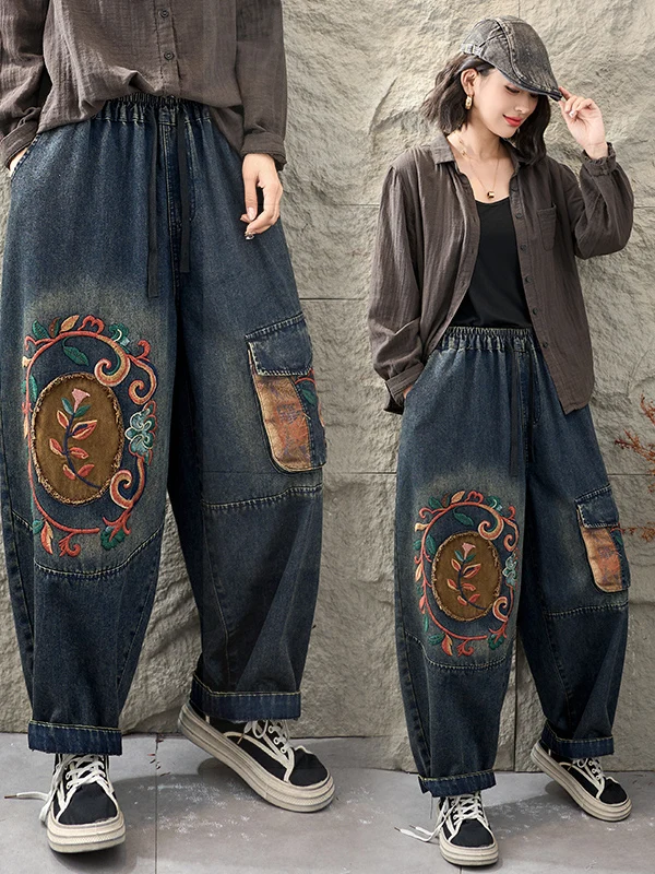 Retro Embroidered Patchwork Denim Jeans Women's Loose Slim Casual Harlan Pants Autumn 2026 New Style Machine Washed Cotton