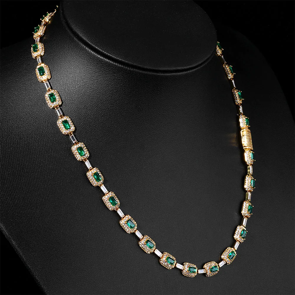 

Round Square Green CZ Cluster Bead Link Chain Full Iced Out Bling Emerald Diamond Tennis Necklace For Valentine's Day Gift
