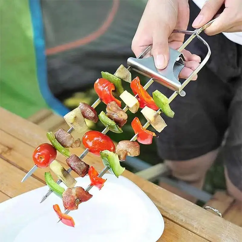 Stainless Steel BBQ Skewers 3-headed Meat Fork With Pusher U-Shaped Barbecue Brazing Fork Needle Outdoor Grill Sticks