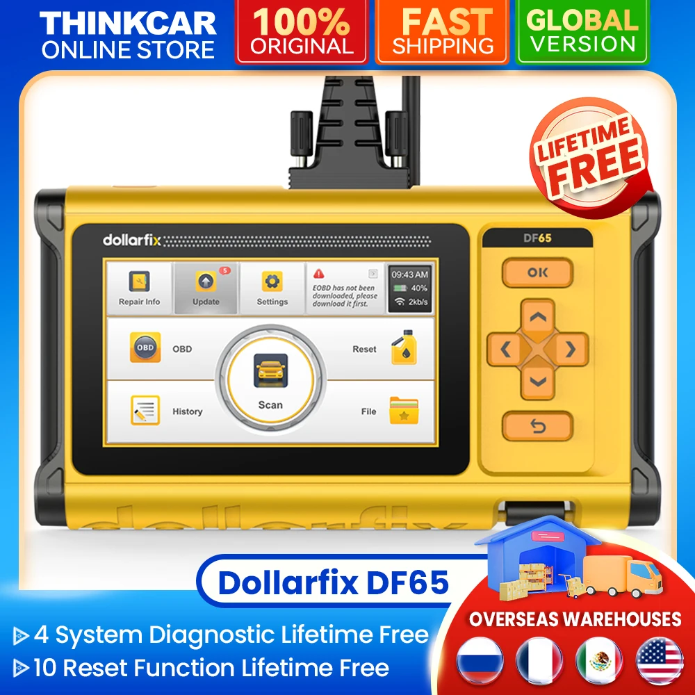 Dollarfix DF65 OBD2 car diagnostic tool 4 system scanner tools ABS SRS TCM ECM 10 reset DPF function code reader lifetime free