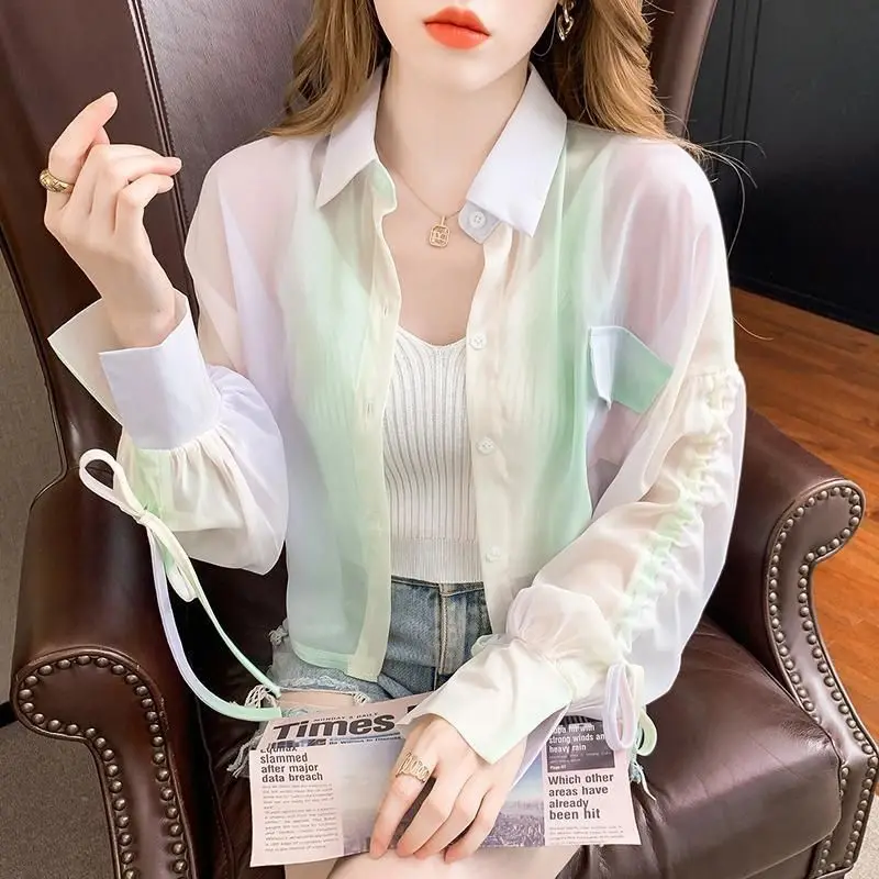 Stylish Lapel Button Spliced Shirring Bandage Bow Color Shirt Female Clothing 2024 Spring New Casual Tops Loose Korean Blouse