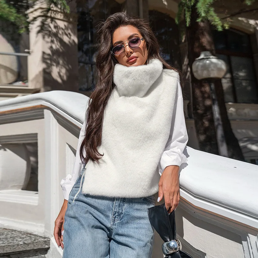 Women Faux Mink Fur Vests Coats Solid Fur Jackets Lace Up Cotton Linen Turtleneck Sleeveless Loose Fit Casual 2026 Autumn Winter