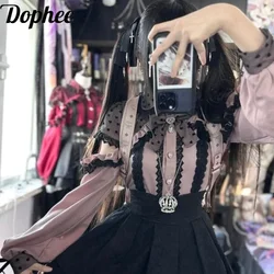 Dophee Japan Style Off Shoulder Long Sleeve Women Shirts Lolita Y2k Sweet Princess Blouses Diamonds Love Button Elegant Girl Top