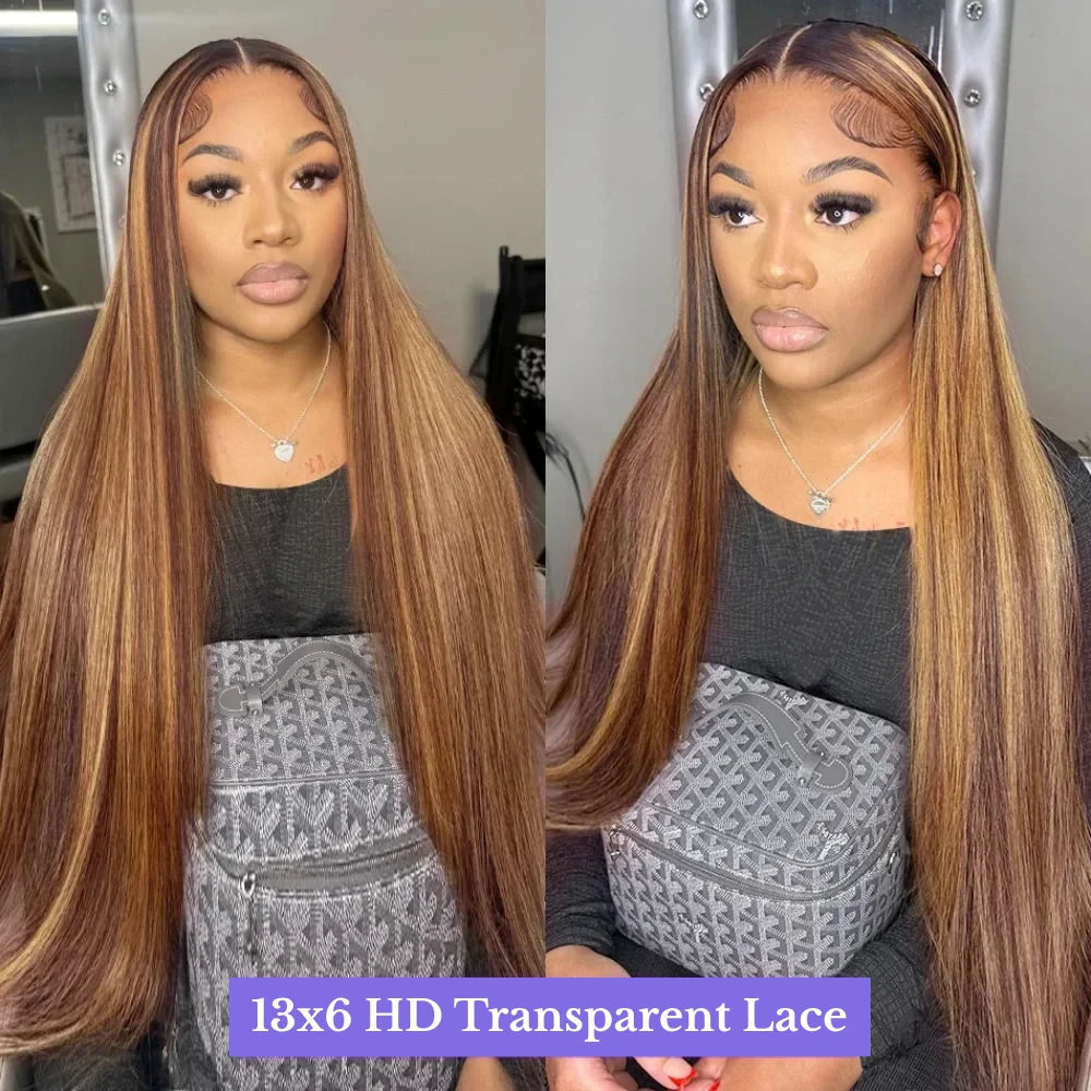 Resaltar P4/27 peluca recta 100% cabello humano 13x4 13x6 HD peluca Frontal de encaje transparente 200% densidad 46 pulgadas cabello brasileño para mujeres
