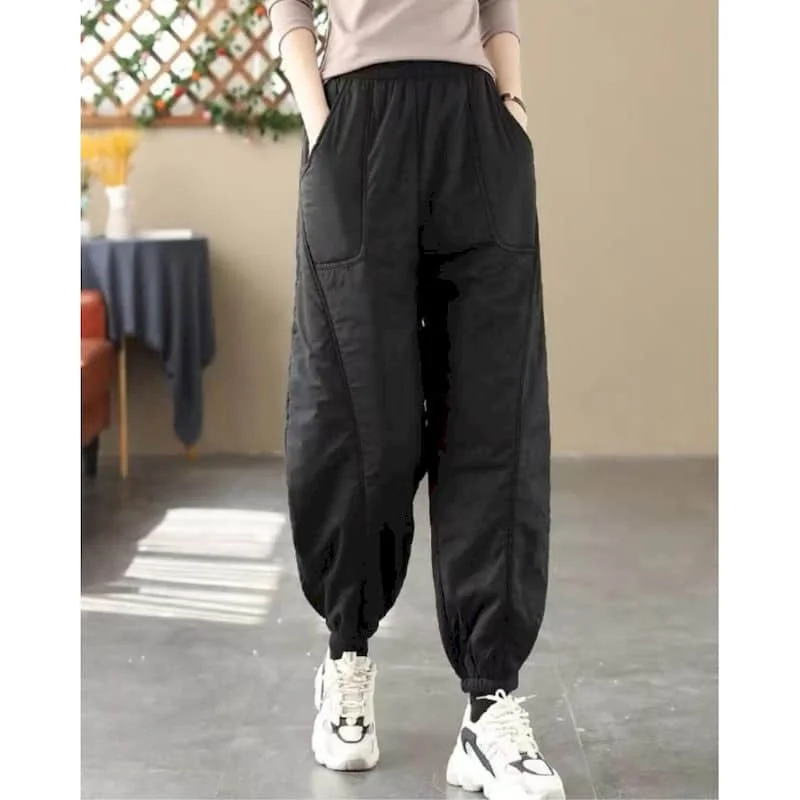 Solid Harem Pants for Women Winter Vintage Korean Style Trousers Casual Quilted Lightweight Cotton Added Pants Women Clothing