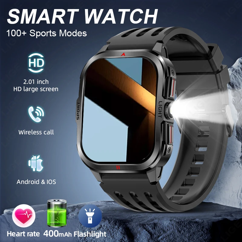 Choice LIGE Smart Watch LED Flashlight Bluetooth Call Music Control heart rate watches for men high-end Android IOS original