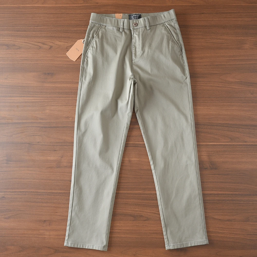 

2026 Spring New American Retro Woven Business Casual Pants Men's Simple 97% Cotton Washed Micro Elastic Thick Straight Trousers