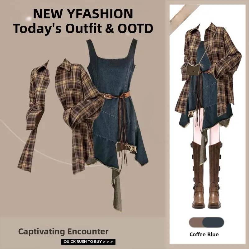 

Ретро комплект Faion, женский осенний новый воротник, длинный све, клетчатый комплект с джинсовым термом, комплект из двух предметов