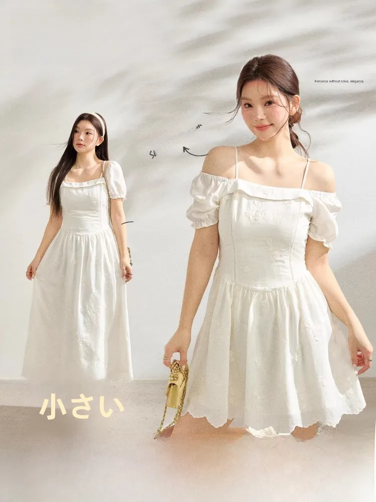 

plus Size White Dress One Shoulder Design Slimming Effect Summer New Style Commute Style High Waist A-Line Skirt