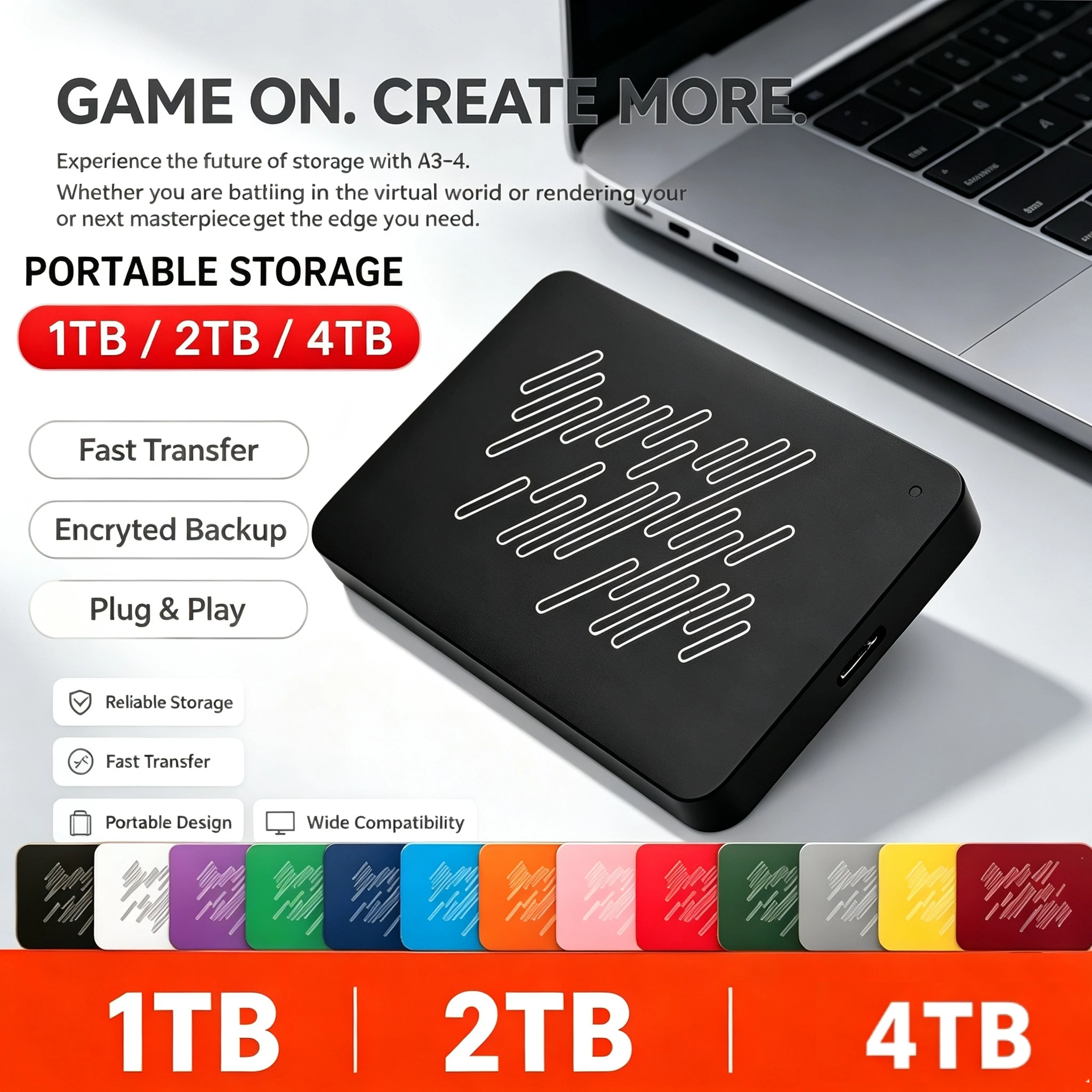 A3 Series New Portable USB3.0 SSD External Hard Drive, 500GB 1TB 2TB 4TB Black Solid State Disk for Gaming Console & Office Gift