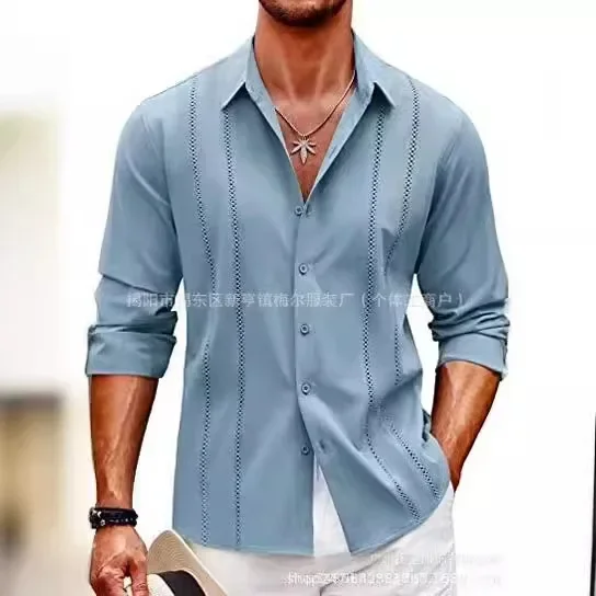 

New European and American Men's Casual Business Printed Long Sleeve Lapel Striped Shirt High Quality Men's Top