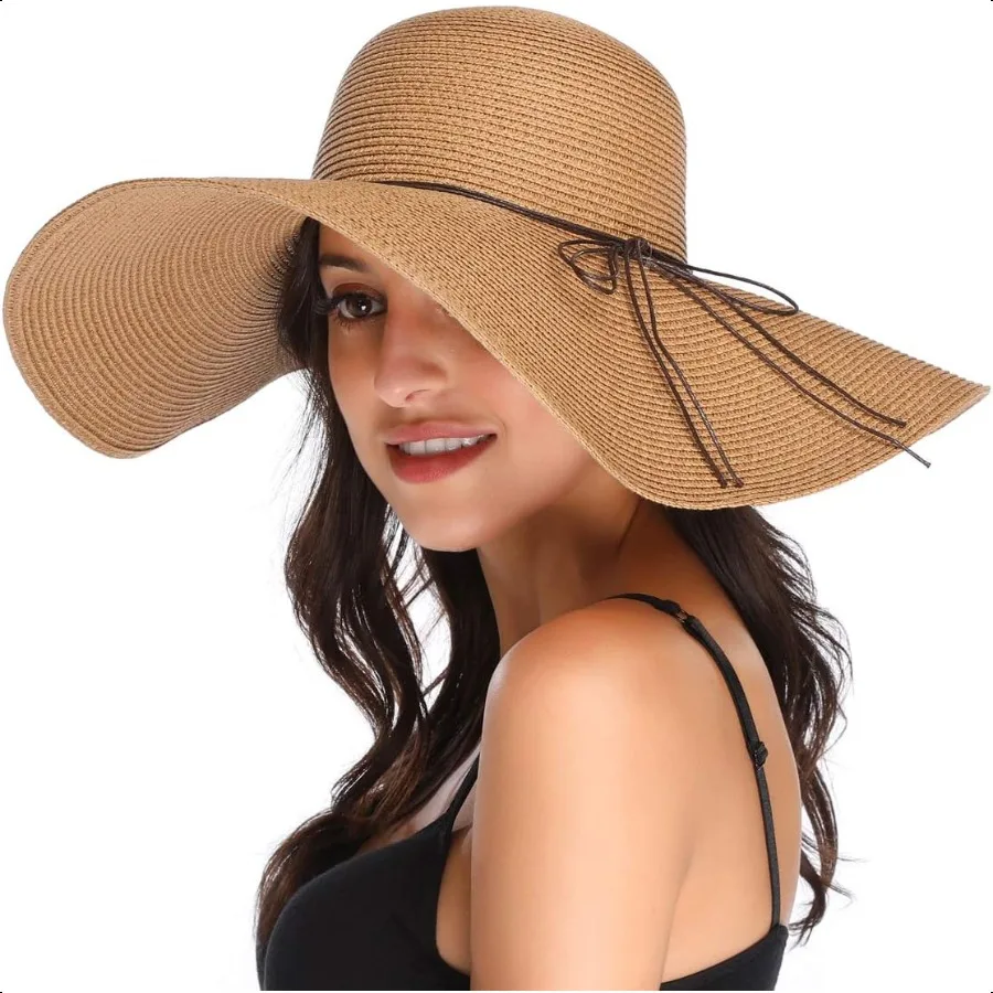 

Lanzom Womens Wide Brim Straw Hat Big Floppy Foldable Roll up Cap Beach Sun Hat UPF 50+