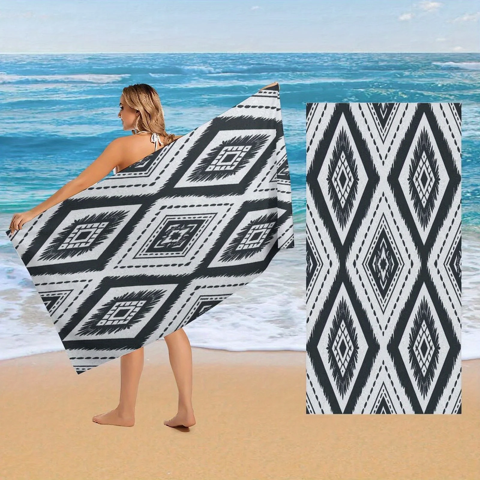 Extra Large Quick-Dry Beach Towel - Super Absorbent Bath, Gym & Travel  Lightweight Microfiber Towel with Black/White Geometric