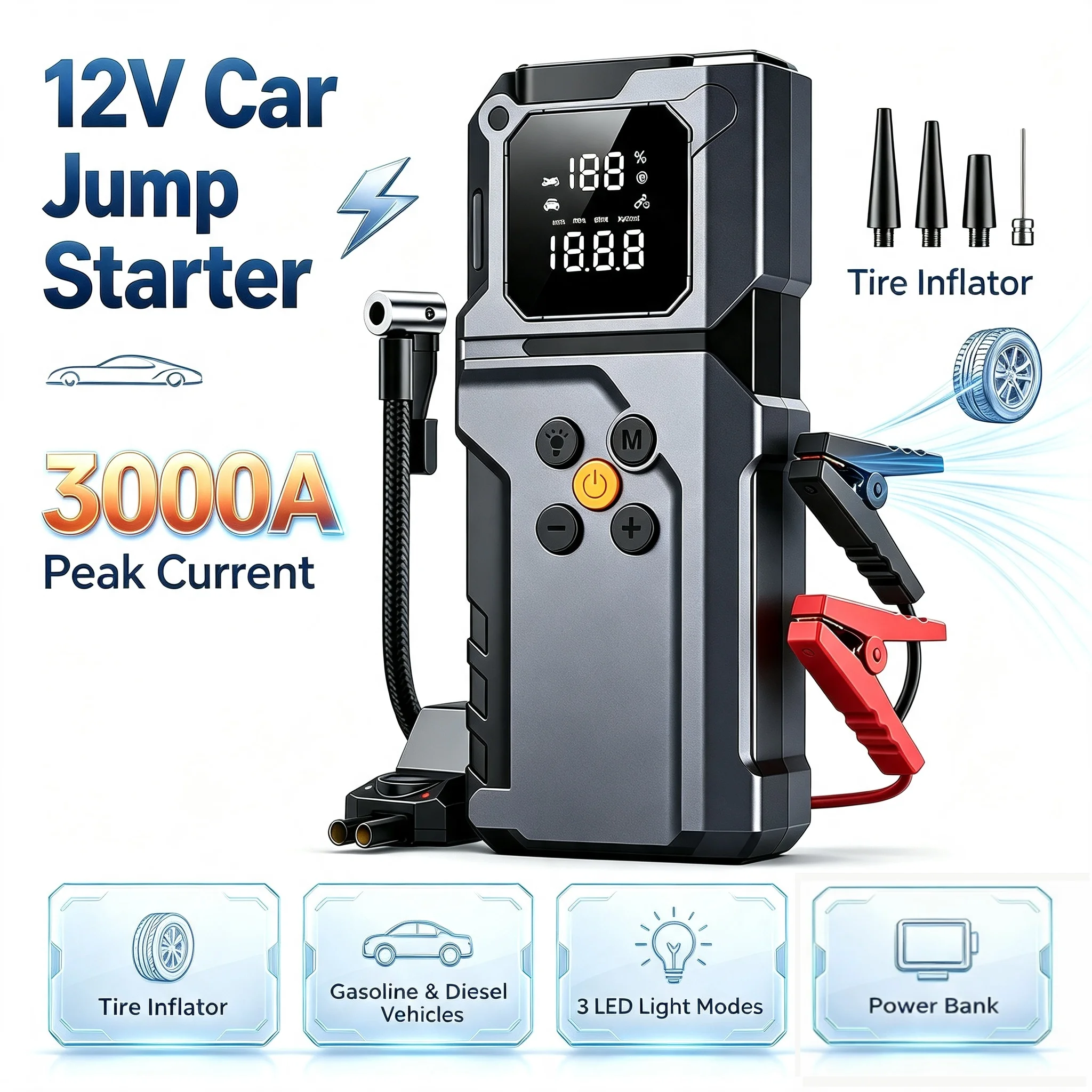 Portable Car Jump Starter Air Pump Tire Air Compressor Power Bank Car Battery Emergency Boosters Starting Device with LED Light