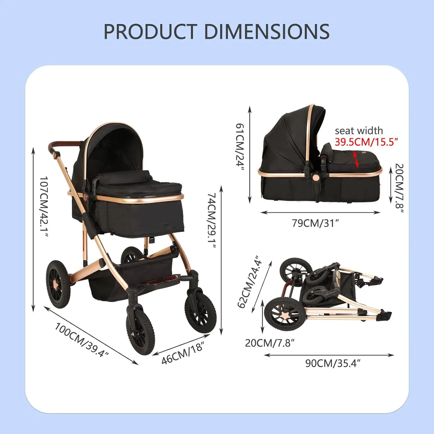 2 in1 Baby Stroller,High Landscape Infant Stroller,Reversible Bassinet Stroller,Adjustable Backrest & Canopy, Al