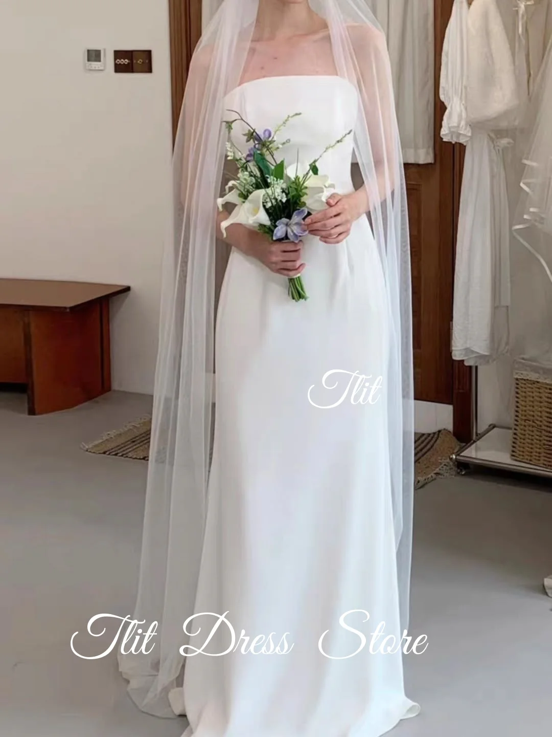 TLIT فستان زفاف أنيق من الساتان الأبيض المطاطي على شكل حرف a مخصص بدون حمالات مشد فستان زفاف كوري فستان الزفاف صور تبادل لاطلاق النار